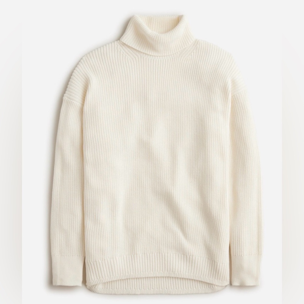 J. Crew Relaxed Cotton-Cashmere Blend Ribbed Turtleneck Sweater | Cream | XXS - Picture 2 of 8